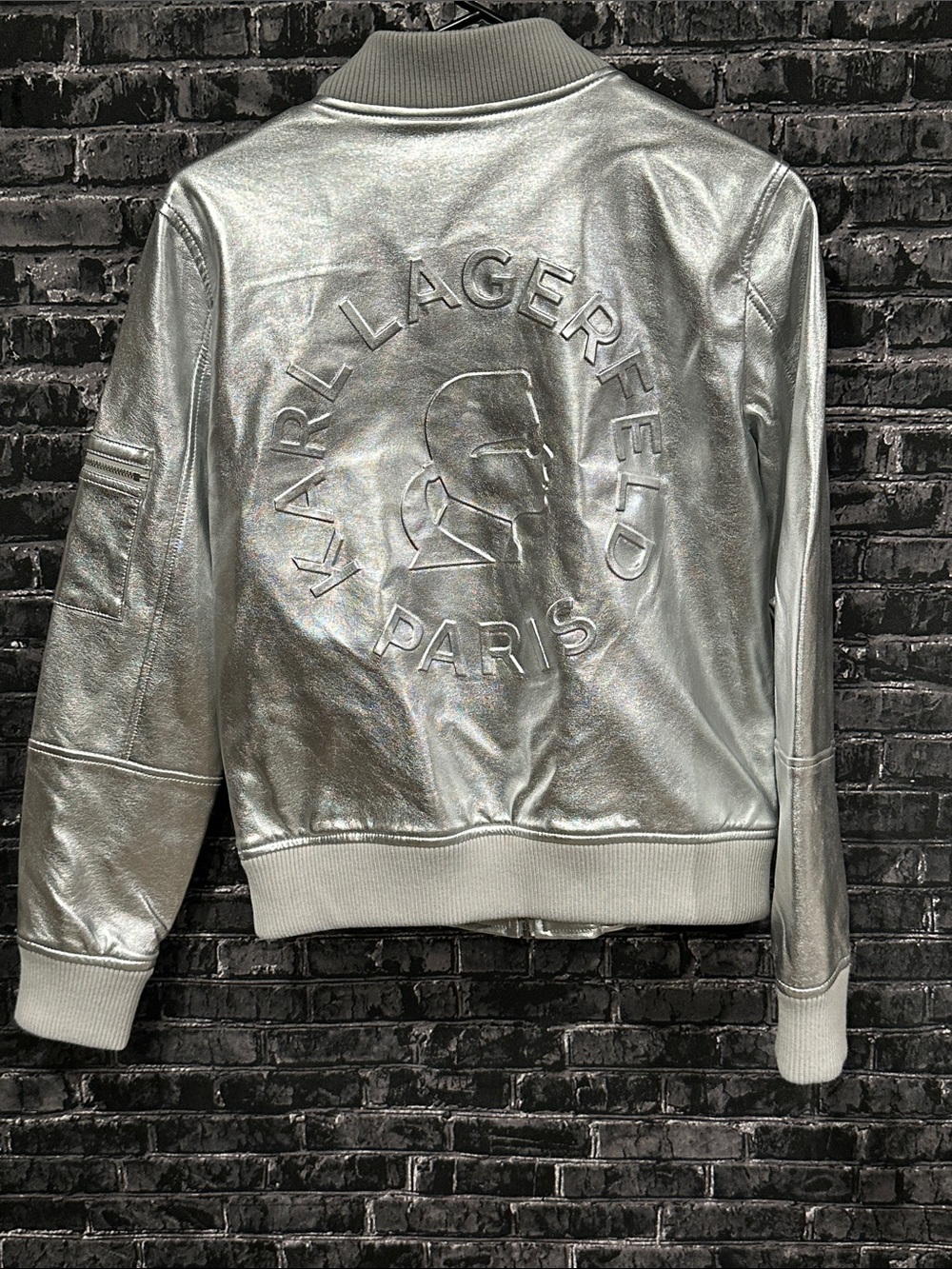 Karl Lagerfeld Silver Embossed Logo Bomber Jacket